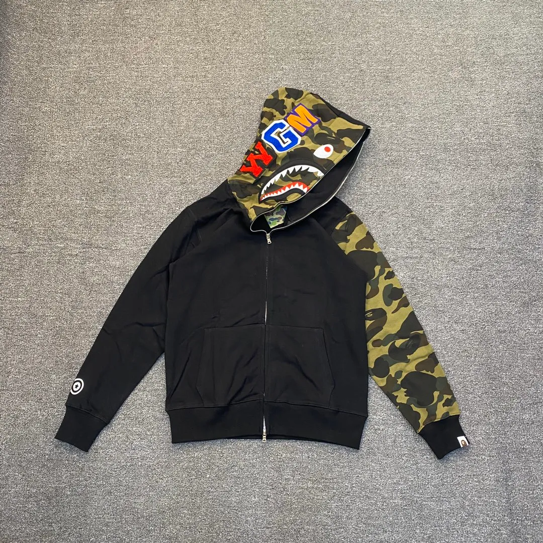 💰380 BAPE design shark splicing camouflage WGM classic logo couple model: S—XXL [grey black]