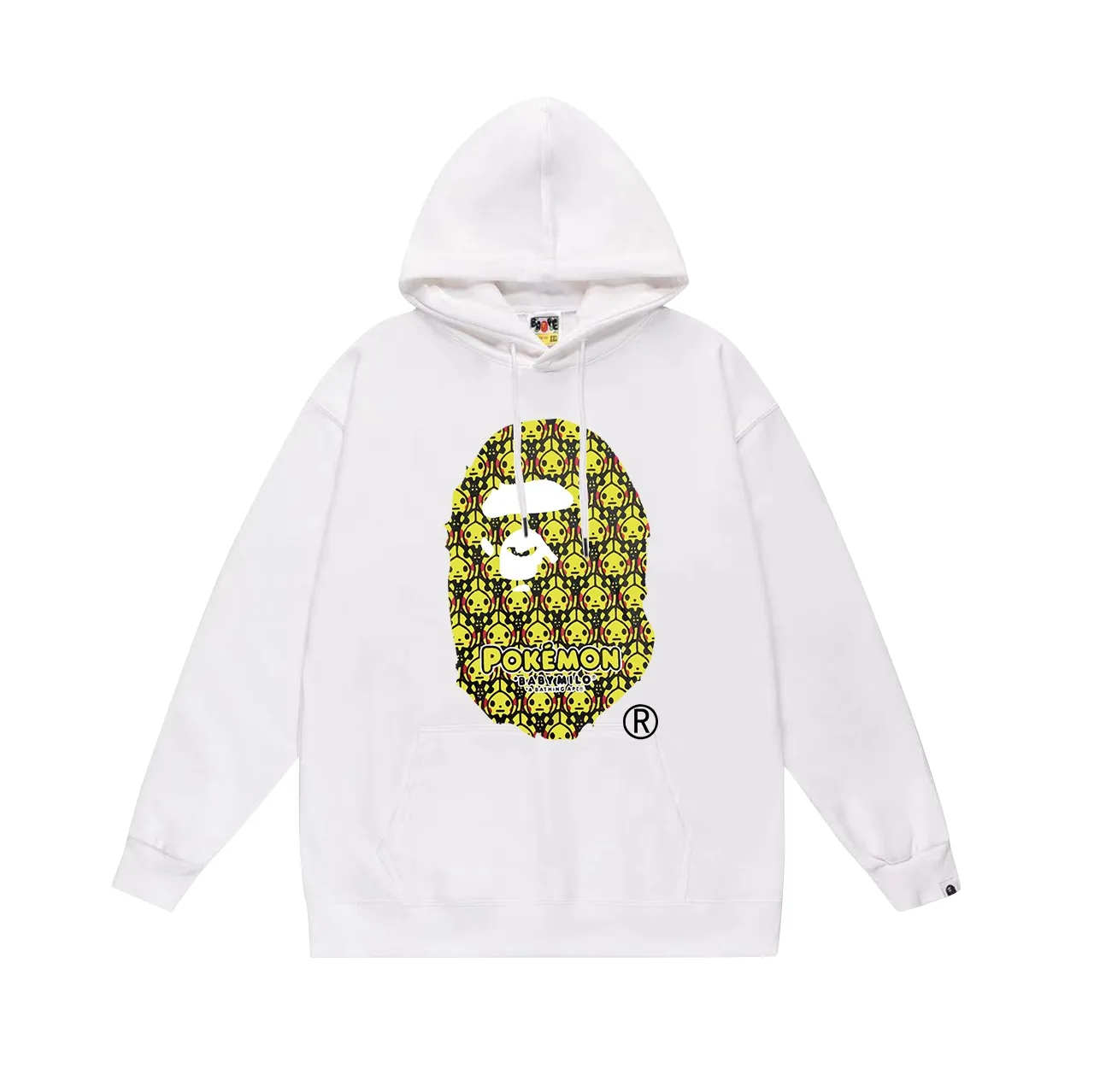 P190 model number SC620# terry 85 plus velvet 95 (top version) BAPE POKÉMON Pikachu Kemen co-branded ape head print hooded sweatshirt Made of 380g large terry 430g silver fox velvet (off-shoulder large version) fabric, soft texture and no pilling Imported environmentally friendly printing glue The pattern is bright and three-dimensional Quality 💥Same style for men and women The upper body is trendy Color: black white gray Size: S M L XL XXL