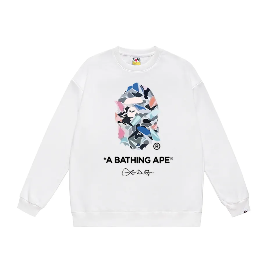 P170 model number SC308# terry 80 plus velvet 85 (top version) BAPE ape head letter printed round neck sweatshirt Made of 350g large terry (drop shoulder large version) fabric, soft and non-pilling, imported environmentally friendly printing glue, bright and three-dimensional pattern, quality 💥Same style for men and women, the upper body is fashionable Color: black white gray Size: S M L XL XXL