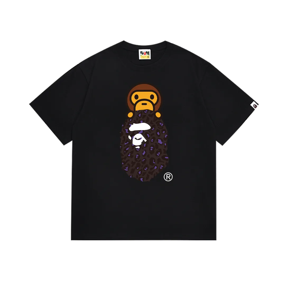 SC167#p110💰 (top version) BAPE leopard print ape head cartoon BABY MILO printed short-sleeved T-shirt Made of 260 grams of high-quality high-weave pure cotton fabric, double yarn combed, soft texture and no pilling Imported environmentally friendly printing glue, bright and three-dimensional pattern, quality 💥Same style for men and women, the upper body is fashionable Color: black and blue, white and blue, black and yellow, white and yellow Size: S M L XL XXL