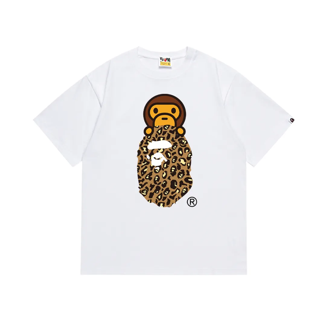 SC167#p110💰 (top version) BAPE leopard print ape head cartoon BABY MILO printed short-sleeved T-shirt Made of 260 grams of high-quality high-weave pure cotton fabric, double yarn combed, soft texture and no pilling Imported environmentally friendly printing glue, bright and three-dimensional pattern, quality 💥Same style for men and women, the upper body is fashionable Color: black and blue, white and blue, black and yellow, white and yellow Size: S M L XL XXL