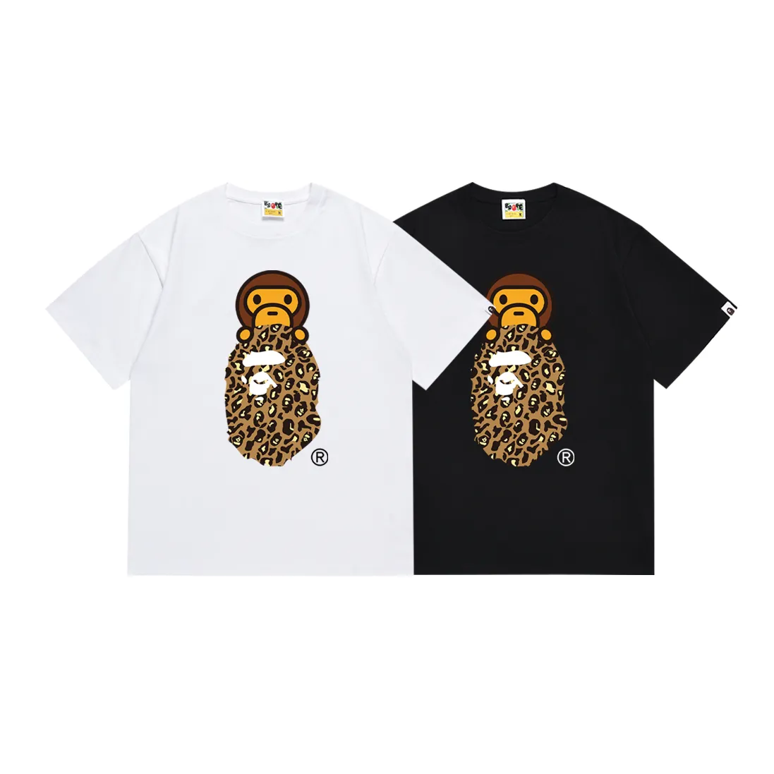 SC167#p110💰 (top version) BAPE leopard print ape head cartoon BABY MILO printed short-sleeved T-shirt Made of 260 grams of high-quality high-weave pure cotton fabric, double yarn combed, soft texture and no pilling Imported environmentally friendly printing glue, bright and three-dimensional pattern, quality 💥Same style for men and women, the upper body is fashionable Color: black and blue, white and blue, black and yellow, white and yellow Size: S M L XL XXL
