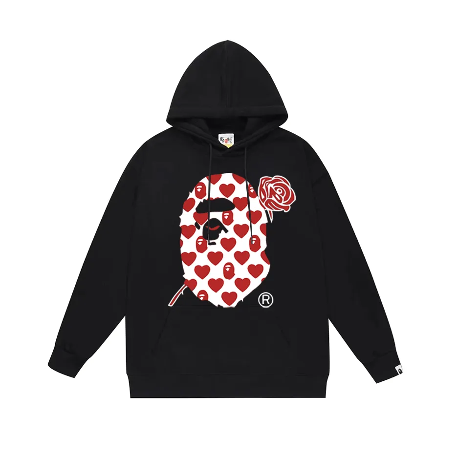 Model No. SC749# Terry p160 plus velvet 180💰 (top version) BAPE Red Rose Ape Head Love Pattern Hooded Sweater Made of 380g large terry (drop shoulder large version) fabric, soft texture and no pilling. Imported environmentally friendly printing glue, bright and three-dimensional pattern, quality 💥Same style for men and women. The upper body is trendy. Color: Black White Gray Size: S M L XL XXL