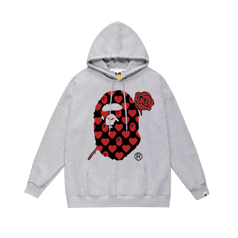 Model No. SC749# Terry p160 plus velvet 180💰 (top version) BAPE Red Rose Ape Head Love Pattern Hooded Sweater Made of 380g large terry (drop shoulder large version) fabric, soft texture and no pilling. Imported environmentally friendly printing glue, bright and three-dimensional pattern, quality 💥Same style for men and women. The upper body is trendy. Color: Black White Gray Size: S M L XL XXL