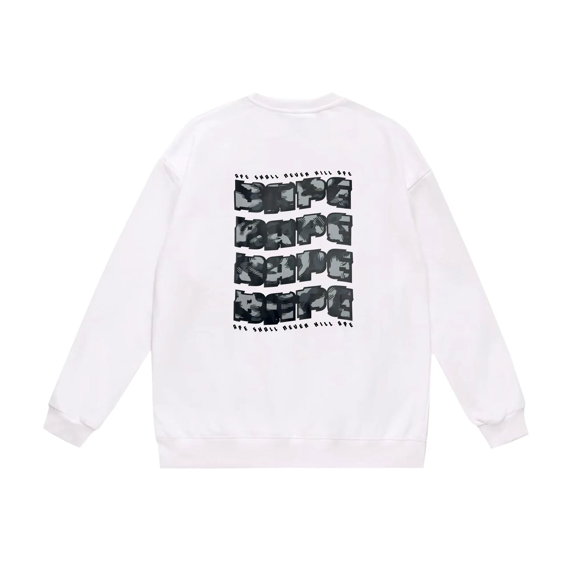 P170 model number SC558# terry 80 plus velvet 85 (top version) BAPE DISTORTION twisted camouflage ape head print pattern round neck sweatshirt Made of 350 grams of large terry (drop shoulder large version) fabric, soft texture and no pilling Imported environmentally friendly printing glue The pattern is bright and three-dimensional Quality 💥Same style for men and women The upper body is fashionable Color: black white gray Size: S M L XL XXL