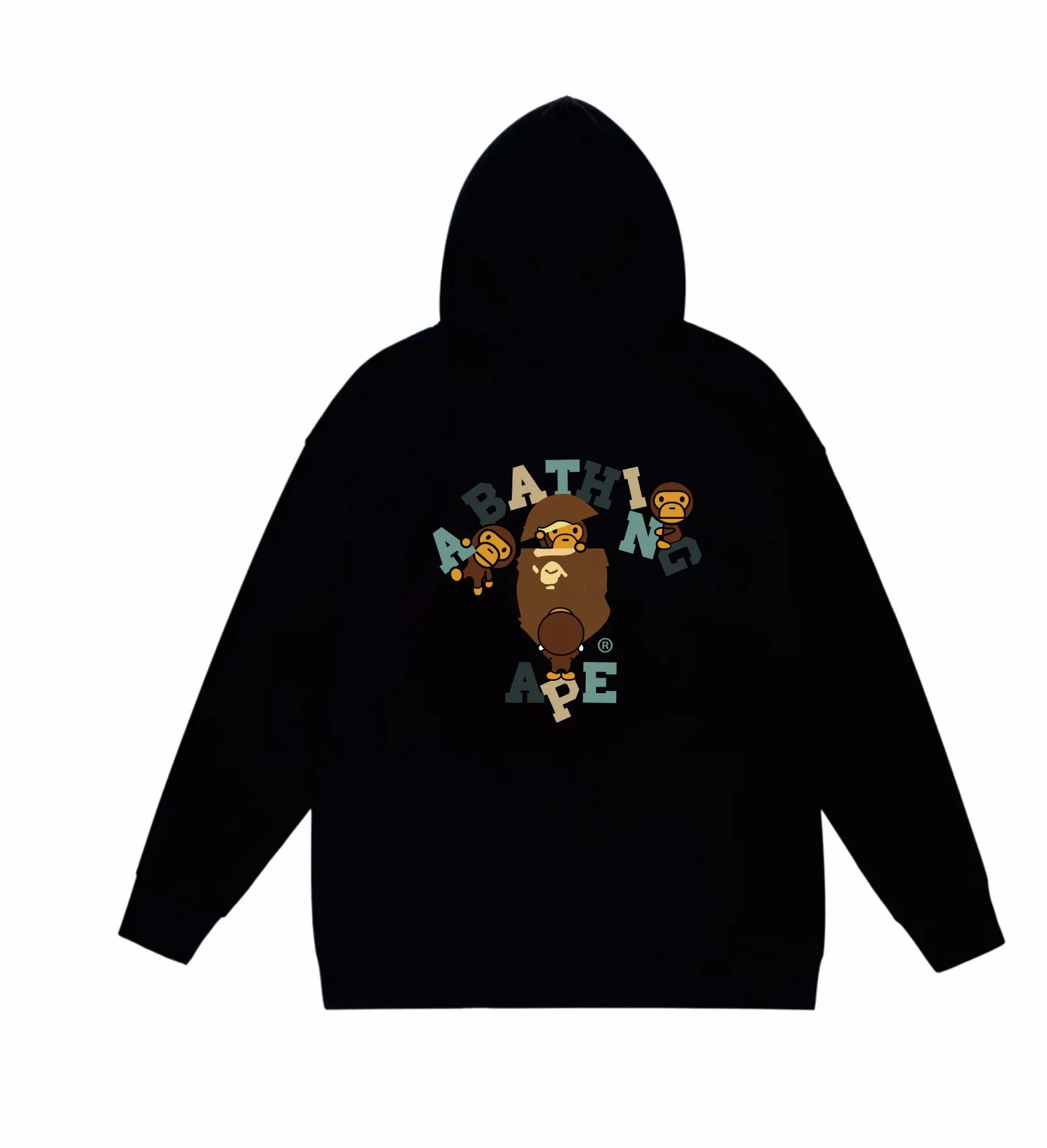 P160 model number SC838# terry 80 plus velvet 90 (top version) BAPE cartoon BABY MILO ape head letter printed pattern hooded sweatshirt. Made of 380 grams of large terry (drop shoulder large version) fabric. The texture is soft and non-pilling. Imported environmentally friendly printing glue. The pattern is bright and three-dimensional. Quality 💥Same style for men and women. The upper body is trendy. Color: black white gray Size: S M L XL XXL
