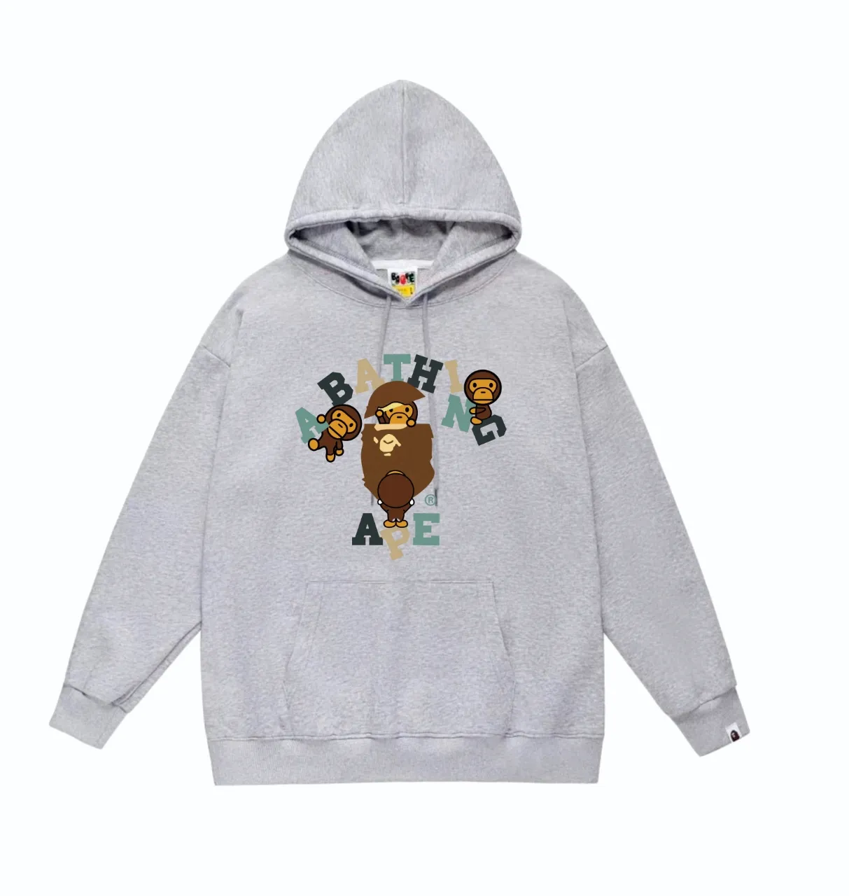 P160 model number SC838# terry 80 plus velvet 90 (top version) BAPE cartoon BABY MILO ape head letter printed pattern hooded sweatshirt. Made of 380 grams of large terry (drop shoulder large version) fabric. The texture is soft and non-pilling. Imported environmentally friendly printing glue. The pattern is bright and three-dimensional. Quality 💥Same style for men and women. The upper body is trendy. Color: black white gray Size: S M L XL XXL