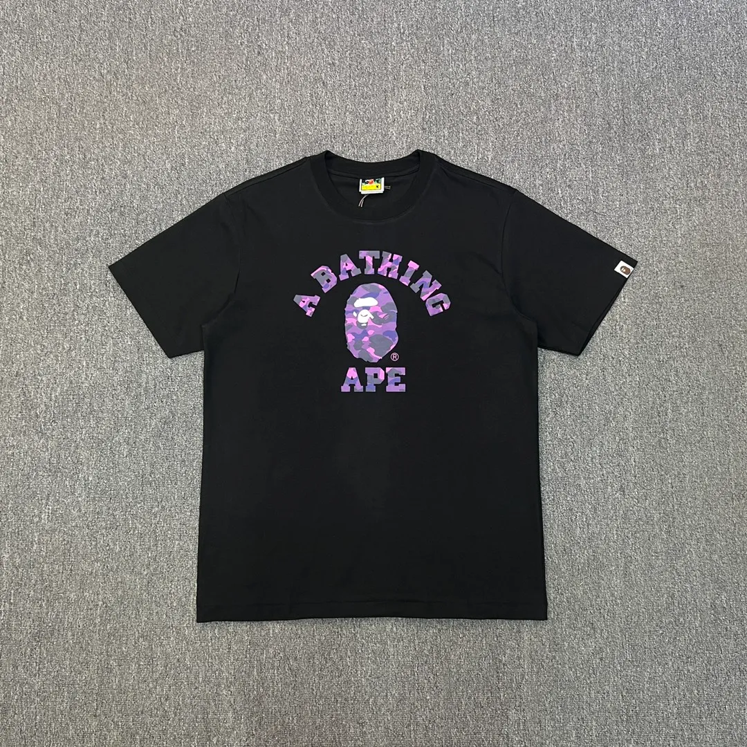💰140 BAPE camouflage ape head letter printed short-sleeved T-shirt 270g weight linen cotton fabric Couple style: S-XXL [white blue black blue white purple black purple white red black red]
