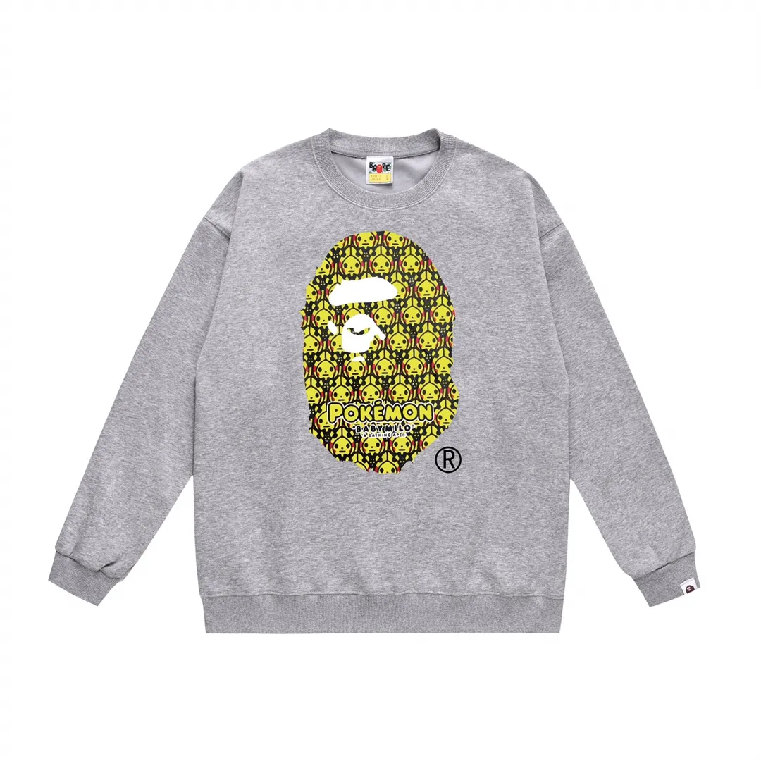 P170 model number SC320# terry 80 plus velvet 85 (top version) BAPE POKÉMON Pikachu Pokémon co-branded ape head printed round neck sweatshirt Made of 350g large terry (drop shoulder large version) fabric, soft and non-pilling texture, imported environmentally friendly printing glue, bright and three-dimensional pattern, quality 💥Same style for men and women, the upper body is fashionable Color: black white gray Size: S M L XL XXL