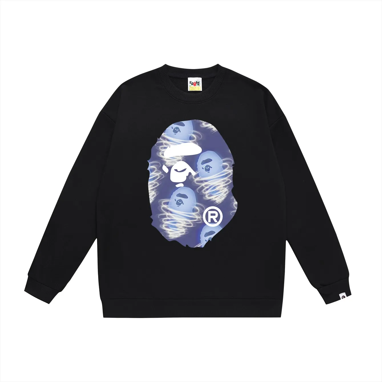 P150 model number SC461# terry 75 plus velvet 80 (top version) BAPE ape blue storm printed round neck sweatshirt Made of 350g large terry (drop shoulder large version) fabric, soft and non-pilling, imported environmentally friendly printing glue, bright and three-dimensional pattern, quality 💥Same style for men and women, the upper body is fashionable Color: black white gray Size: S M L XL XXL