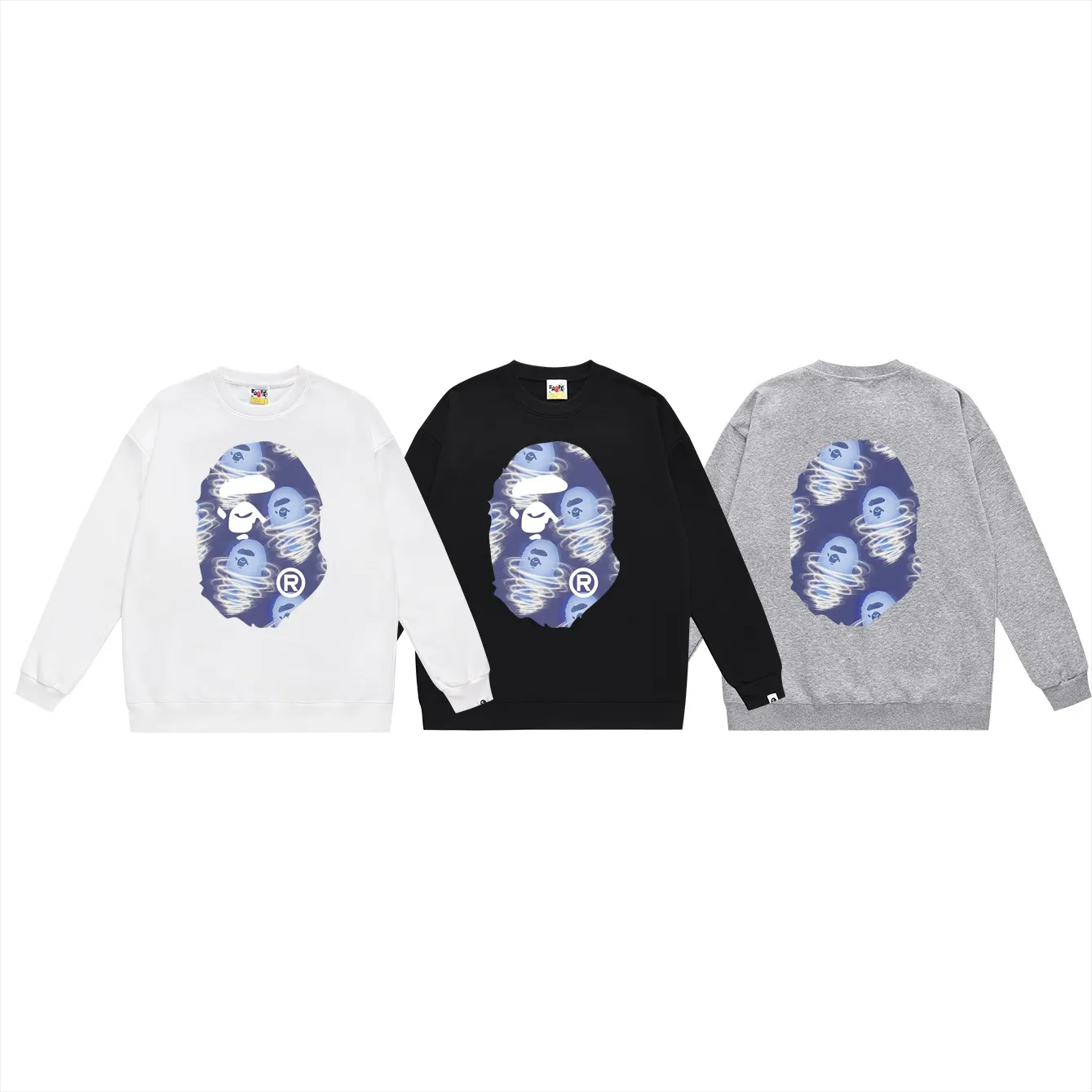 P150 model number SC461# terry 75 plus velvet 80 (top version) BAPE ape blue storm printed round neck sweatshirt Made of 350g large terry (drop shoulder large version) fabric, soft and non-pilling, imported environmentally friendly printing glue, bright and three-dimensional pattern, quality 💥Same style for men and women, the upper body is fashionable Color: black white gray Size: S M L XL XXL