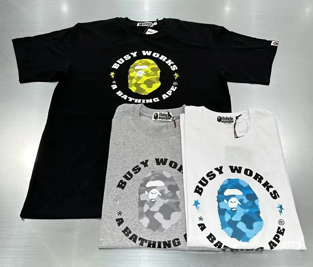 P110 001070 BAPE letter printed round neck pullover straight short-sleeved T-shirt, same style for men and women, size smlxlxxl, black, white