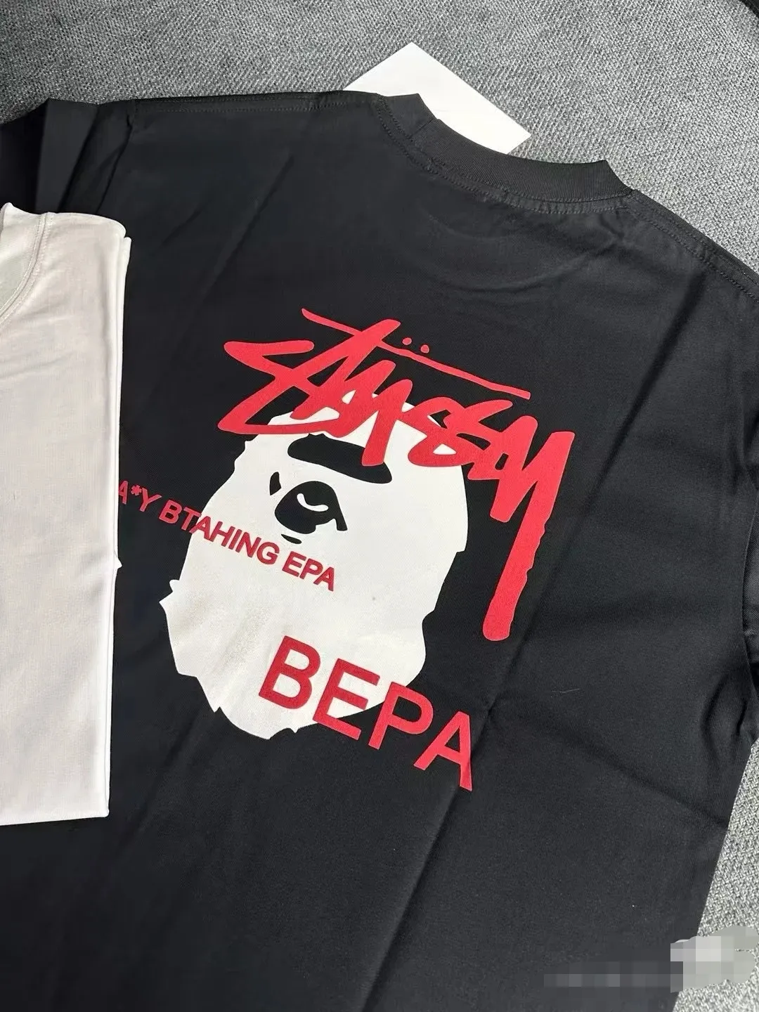 P110 001069 BAPE stussy co-branded printed short-sleeved T-shirt, same style for men and women, size smlxlxxl, black and yellow, white and yellow, black and red, white and red