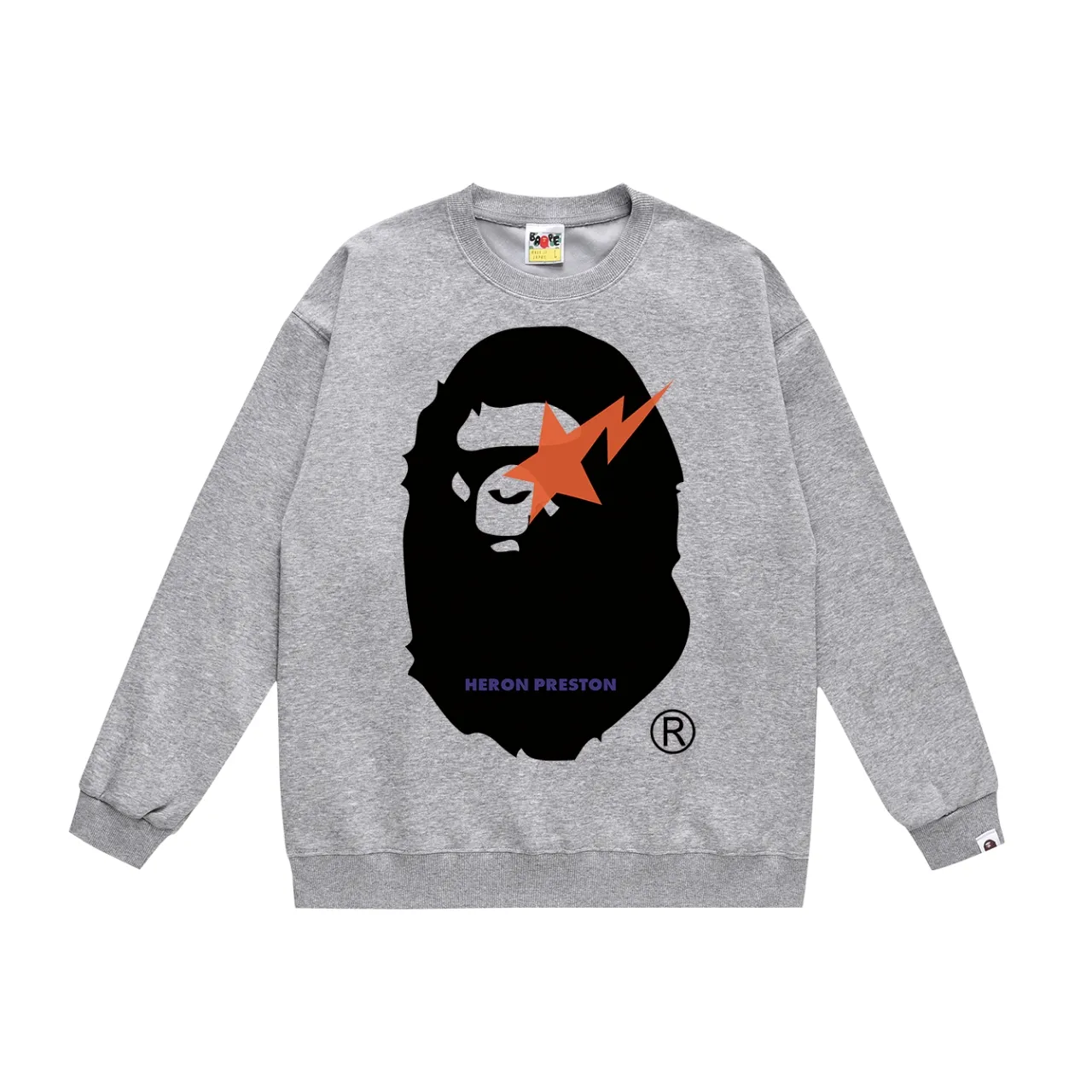 P150 model number SC500# terry 75 plus velvet 80 (top version) BAPE lightning ape head oversized pattern printed round neck sweatshirt. Made of 350g large terry (drop shoulder large version) fabric. The texture is soft and non-pilling. Imported environmentally friendly printing glue. The pattern is bright and three-dimensional. Quality 💥Same style for men and women. The upper body is trendy. Color: black white gray Size: S M L XL XXL