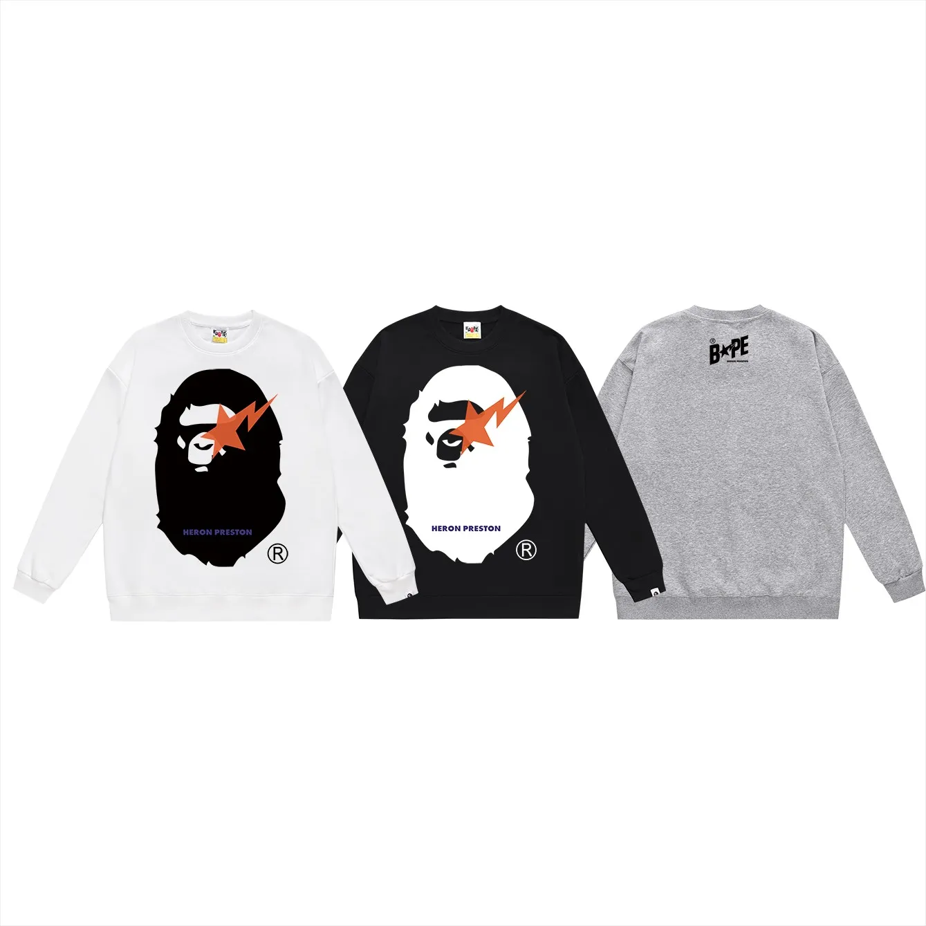 P150 model number SC500# terry 75 plus velvet 80 (top version) BAPE lightning ape head oversized pattern printed round neck sweatshirt. Made of 350g large terry (drop shoulder large version) fabric. The texture is soft and non-pilling. Imported environmentally friendly printing glue. The pattern is bright and three-dimensional. Quality 💥Same style for men and women. The upper body is trendy. Color: black white gray Size: S M L XL XXL