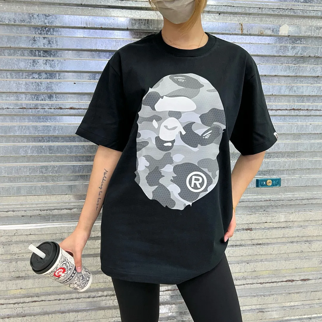💰140 Bape Honeycomb Camouflage Letters Great Ape Head Double-sided Printing Linen Cotton 280g Customized Fabric Couple Style: S—XXL [Black Blue White Blue Black Gray White Gray]