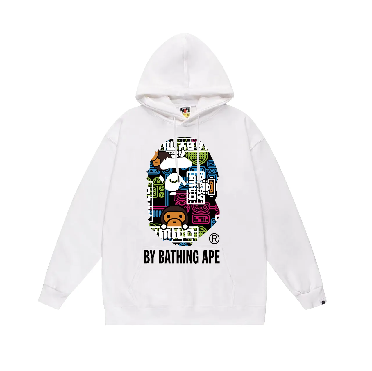 Model number SC757# Terry p160 plus velvet 180💰 (top version) BAPE ape head cartoon pattern printed hooded sweatshirt Made of 380 grams of large terry (drop shoulder large version) fabric, soft texture and no pilling Imported environmentally friendly printing glue The pattern is bright and three-dimensional Quality💥Same style for men and women The upper body is trendy Color: black white gray Size: S M L XL XXL