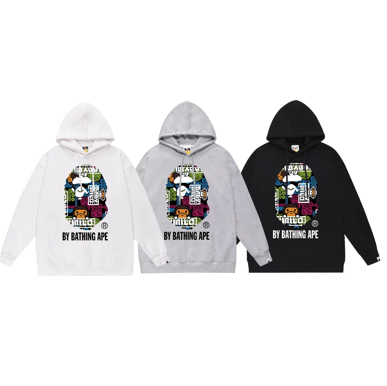 Model number SC757# Terry p160 plus velvet 180💰 (top version) BAPE ape head cartoon pattern printed hooded sweatshirt Made of 380 grams of large terry (drop shoulder large version) fabric, soft texture and no pilling Imported environmentally friendly printing glue The pattern is bright and three-dimensional Quality💥Same style for men and women The upper body is trendy Color: black white gray Size: S M L XL XXL