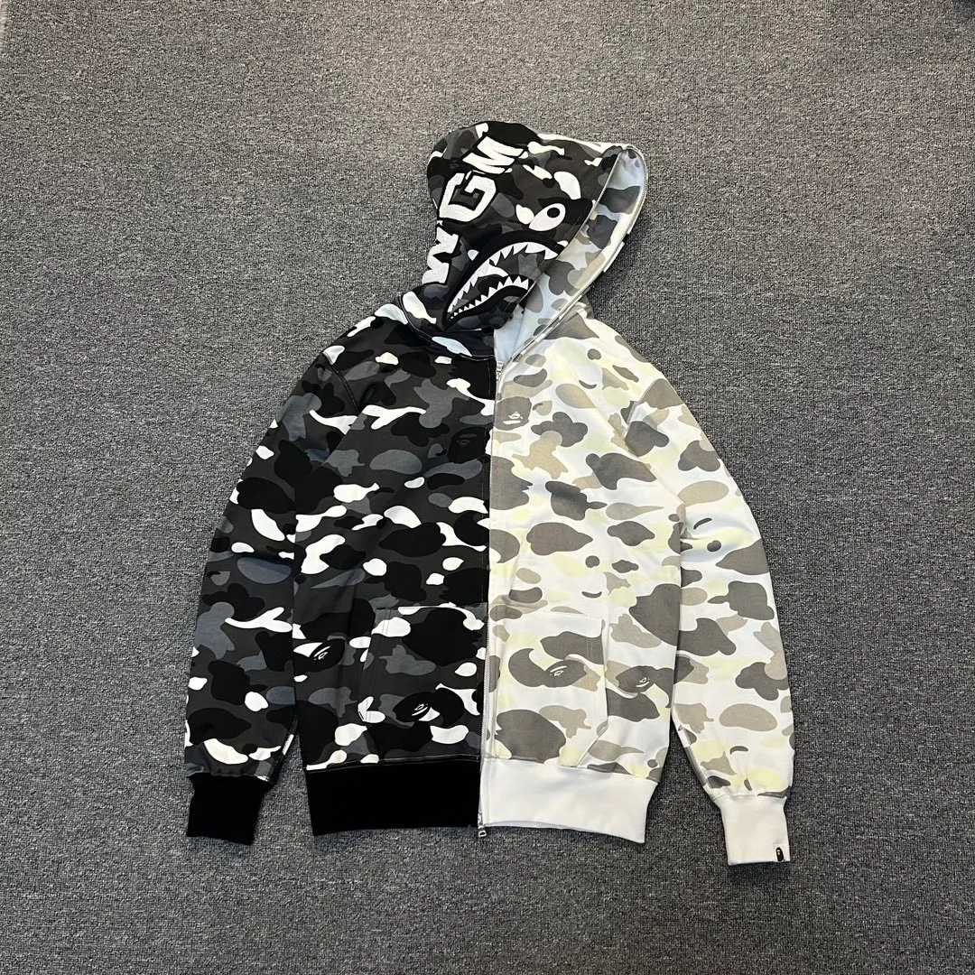💰420 Bape shark yin and yang luminous camouflage customized fabric machine printed camouflage couple model: S—XXL [black and white]