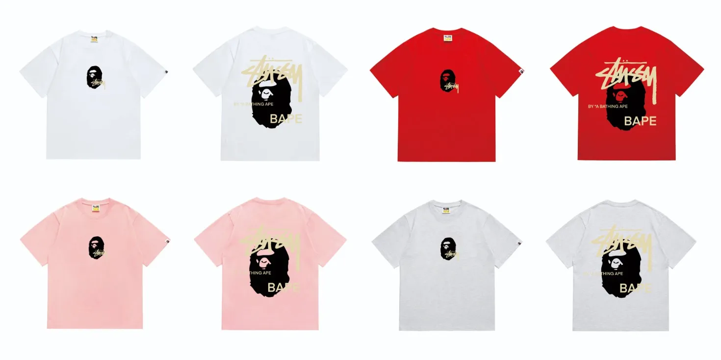 SC210#p110💰 (top version) BAPE×Stussy co-branded Stussy letter ape print T-shirt Made of 260 grams of high-quality high-weave pure cotton fabric, double yarn combed, soft texture and no pilling Imported environmentally friendly printing glue, bright and three-dimensional pattern, quality 💥Same style for men and women, the upper body is fashionable Color: black and yellow print, white and yellow print, gray and yellow print, pink and yellow print, red and yellow print, white and black print, pink and black print Red and black printing Gray and black printing White and purple printing Pink and purple printing Red and purple printing Gray and purple printing Size: S M L XL XXL