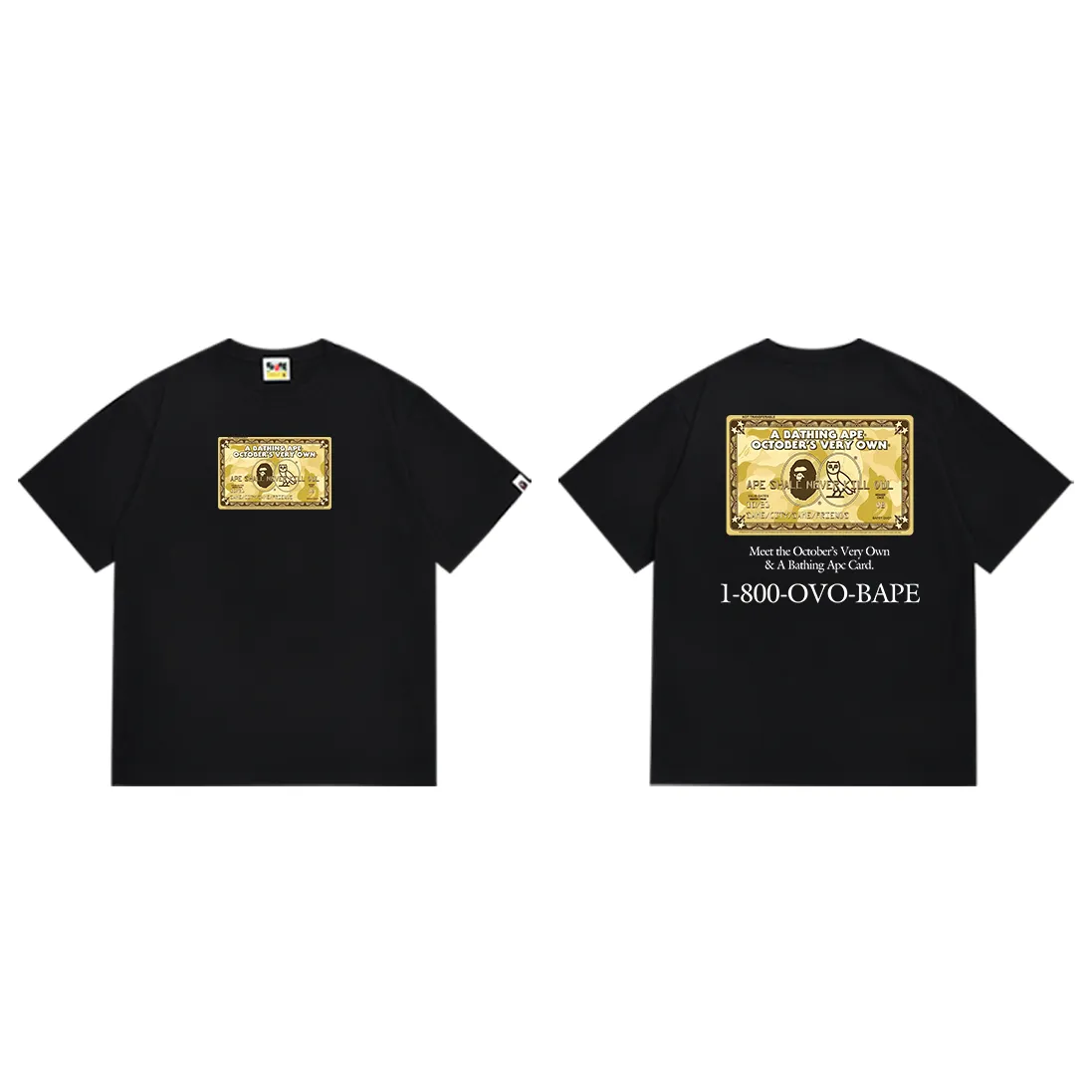 SC195#p110💰 (top version) BAPE×OVO co-branded ape head owl gold card logo printed T-shirt Made of 260 grams of high-quality high-weave pure cotton fabric, double yarn combed, soft texture and no pilling Imported environmentally friendly printing glue, bright and three-dimensional pattern, quality 💥Same style for men and women, the upper body is fashionable Color: black white Size: S M L XL XXL