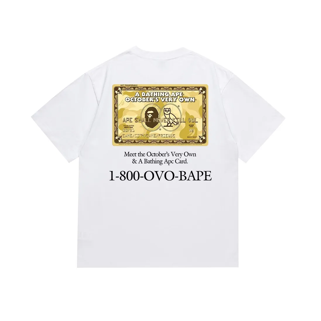 SC195#p110💰 (top version) BAPE×OVO co-branded ape head owl gold card logo printed T-shirt Made of 260 grams of high-quality high-weave pure cotton fabric, double yarn combed, soft texture and no pilling Imported environmentally friendly printing glue, bright and three-dimensional pattern, quality 💥Same style for men and women, the upper body is fashionable Color: black white Size: S M L XL XXL