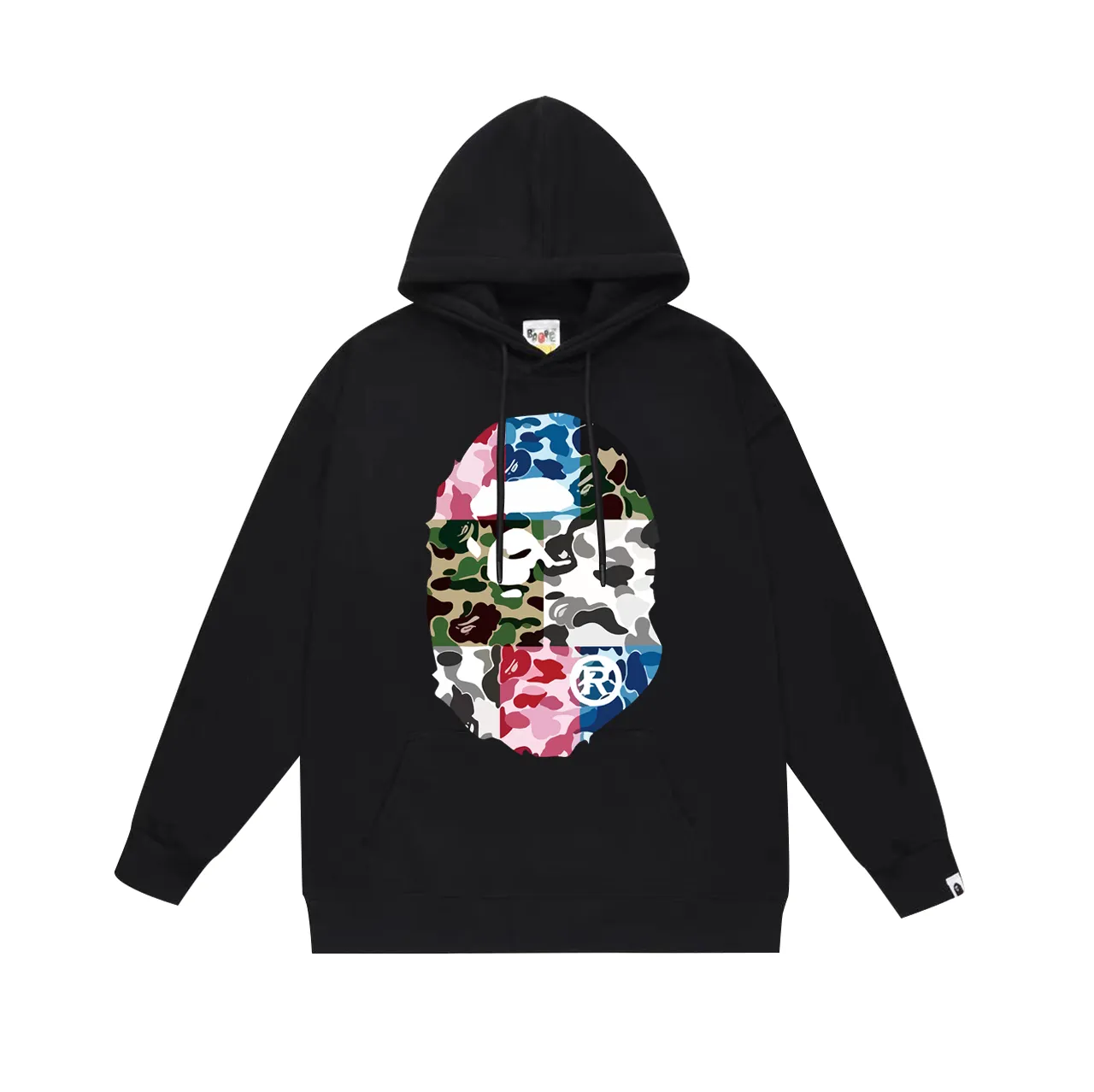 Model No. SC748#terry p160 plus velvet 180💰 (top version) BAPE camouflage spliced ​​ape head print hooded sweatshirt. Made of 380g large terry (drop shoulder large version) fabric. The texture is soft and non-pilling. Imported environmentally friendly printing glue. The pattern is bright and three-dimensional. Quality💥Same style for men and women. The upper body is trendy. Color: black white gray Size: S M L XL XXL