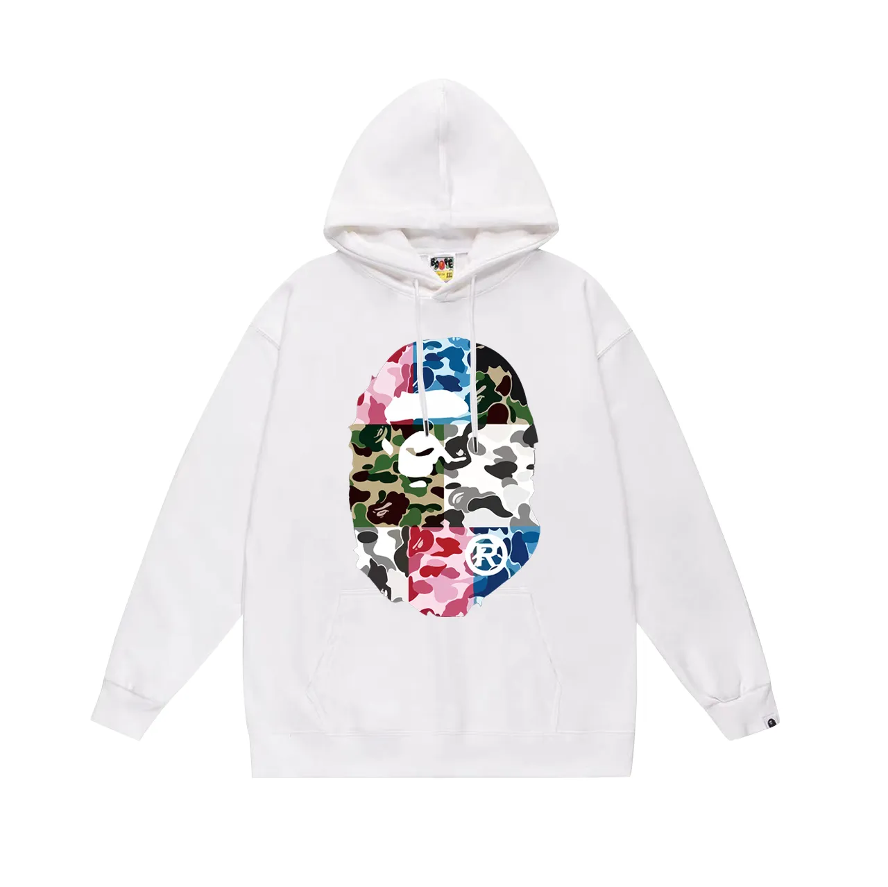 Model No. SC748#terry p160 plus velvet 180💰 (top version) BAPE camouflage spliced ​​ape head print hooded sweatshirt. Made of 380g large terry (drop shoulder large version) fabric. The texture is soft and non-pilling. Imported environmentally friendly printing glue. The pattern is bright and three-dimensional. Quality💥Same style for men and women. The upper body is trendy. Color: black white gray Size: S M L XL XXL