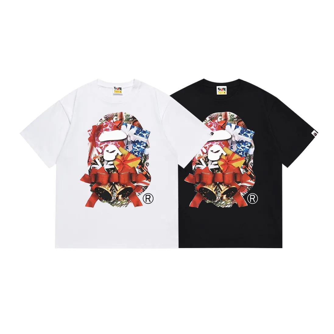 SC113#p110💰 (Top version) BAPE Christmas bell gift box ape head printed short-sleeved T-shirt. Made of 260 grams of high-quality high-weave pure cotton fabric. Double yarn combed. Soft texture and no pilling. Imported environmentally friendly printing glue. Bright and three-dimensional pattern. Quality💥Same style for men and women. The upper body is trendy. Color: black white. Size: S M L XL XXL