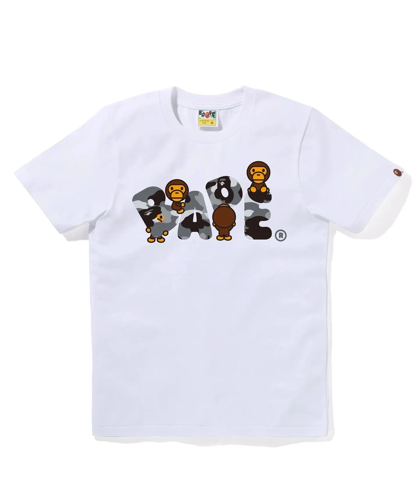 P110 001151 BAPE SS25 camouflage ape cartoon monkey pattern printed round neck casual and comfortable short-sleeved T-shirt, same style for men and women, size smlxlxxl, white gray, white green, white yellow, black gray, black green, black yellow