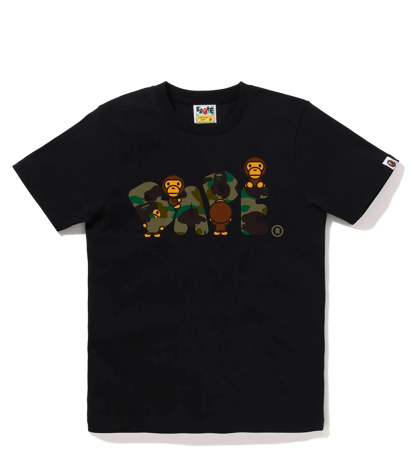 P110 001151 BAPE SS25 camouflage ape cartoon monkey pattern printed round neck casual and comfortable short-sleeved T-shirt, same style for men and women, size smlxlxxl, white gray, white green, white yellow, black gray, black green, black yellow