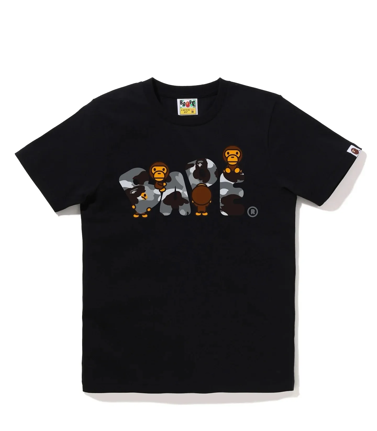 P110 001151 BAPE SS25 camouflage ape cartoon monkey pattern printed round neck casual and comfortable short-sleeved T-shirt, same style for men and women, size smlxlxxl, white gray, white green, white yellow, black gray, black green, black yellow