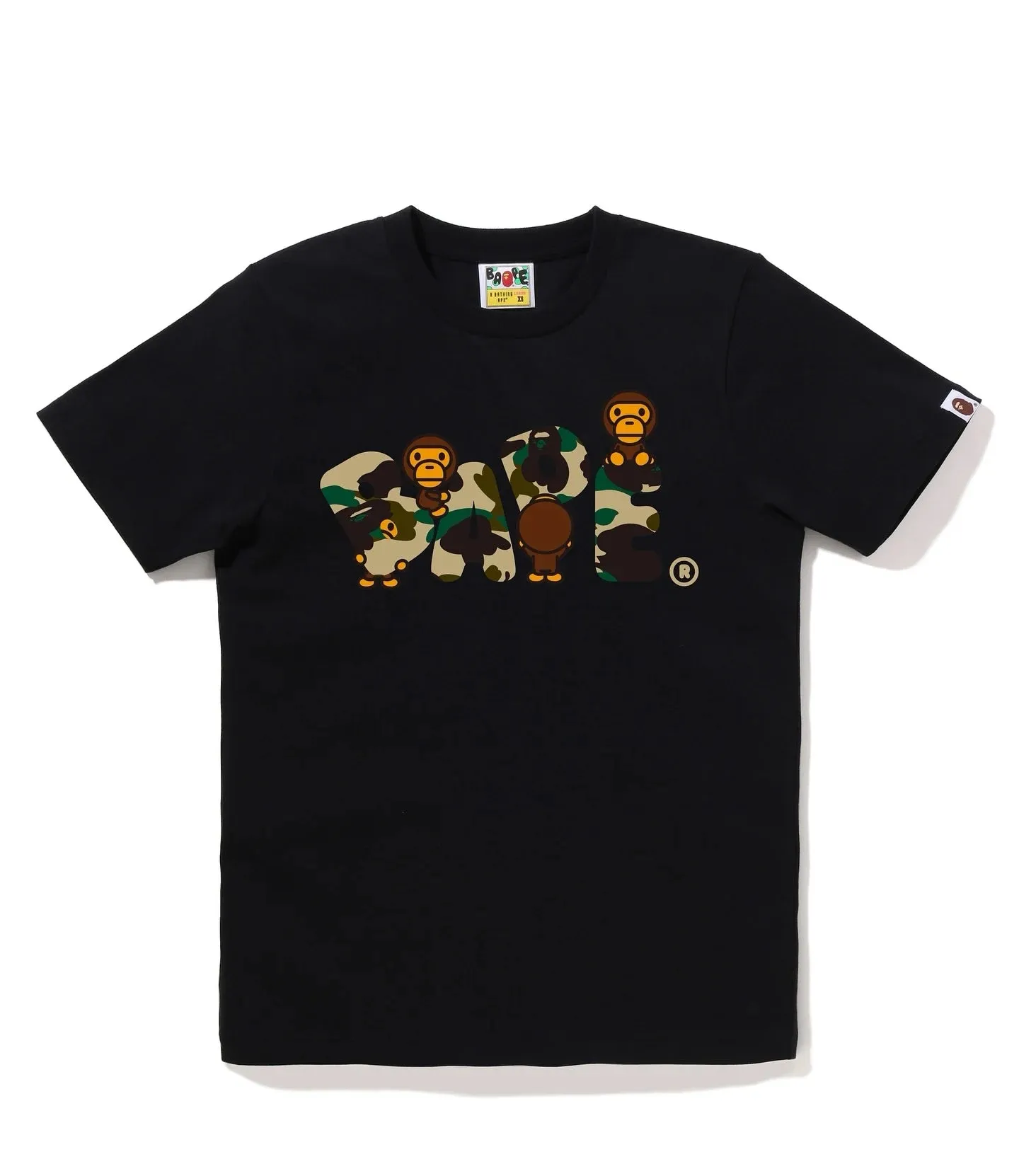 P110 001151 BAPE SS25 camouflage ape cartoon monkey pattern printed round neck casual and comfortable short-sleeved T-shirt, same style for men and women, size smlxlxxl, white gray, white green, white yellow, black gray, black green, black yellow