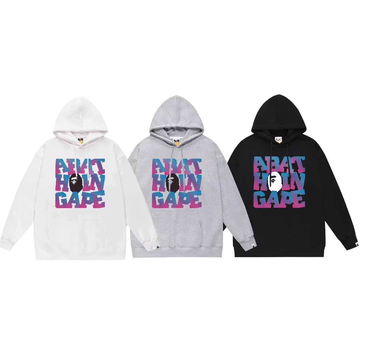 Model No. SC686#terry p160 plus velvet p180💰 (top version) BAPE ape head gradient letter print hooded sweatshirt. Made of 380g large terry 430g silver fox velvet (drop shoulder large version) fabric. The texture is soft and non-pilling. Imported environmentally friendly printing glue. The pattern is bright and three-dimensional. Quality💥Same style for men and women. The upper body is trendy. Color: black white gray Size: S M L XL XXL