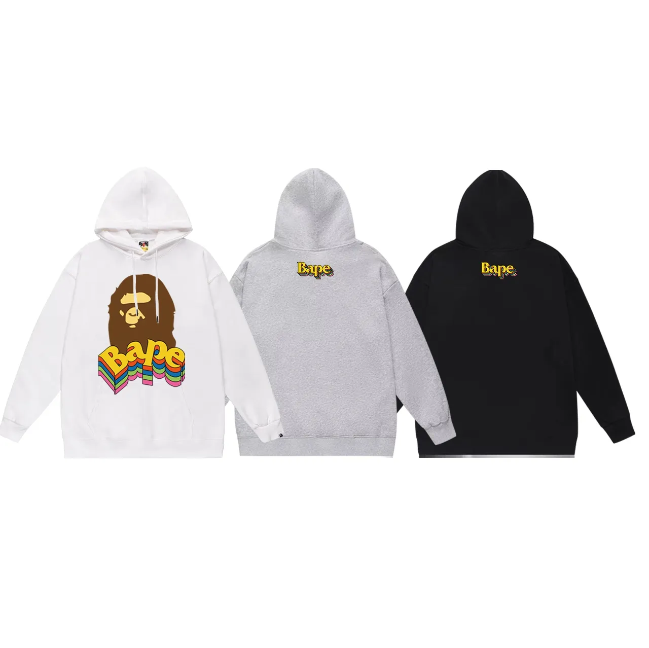 Model No. SC685# terry p160 plus velvet p180💰 (top version) BAPE ape head color letter three-dimensional effect printed hooded sweatshirt. Made of 380g large terry 430g silver fox velvet (drop shoulder large version) fabric. The texture is soft and non-pilling. Imported environmentally friendly printing glue. The pattern is bright and three-dimensional. Quality💥Same style for men and women. The upper body is trendy. Color: black white gray Size: S M L XL XXL
