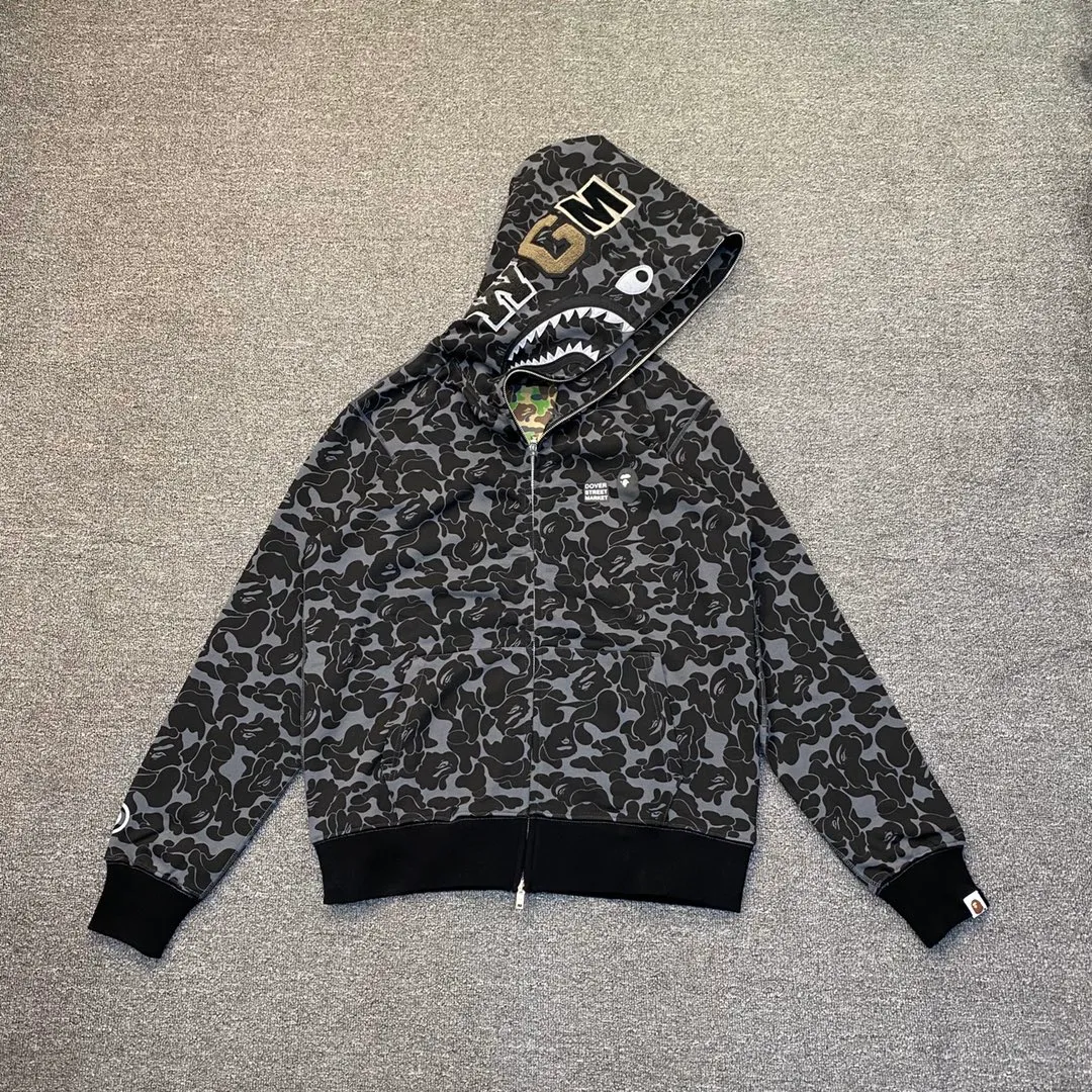 💰380 Dover Street Market Bape DSM 15th Anniversary Ginza Limited Camouflage Shark Sweatshirt Hoodie Couple Style: S—XXL [Gray]
