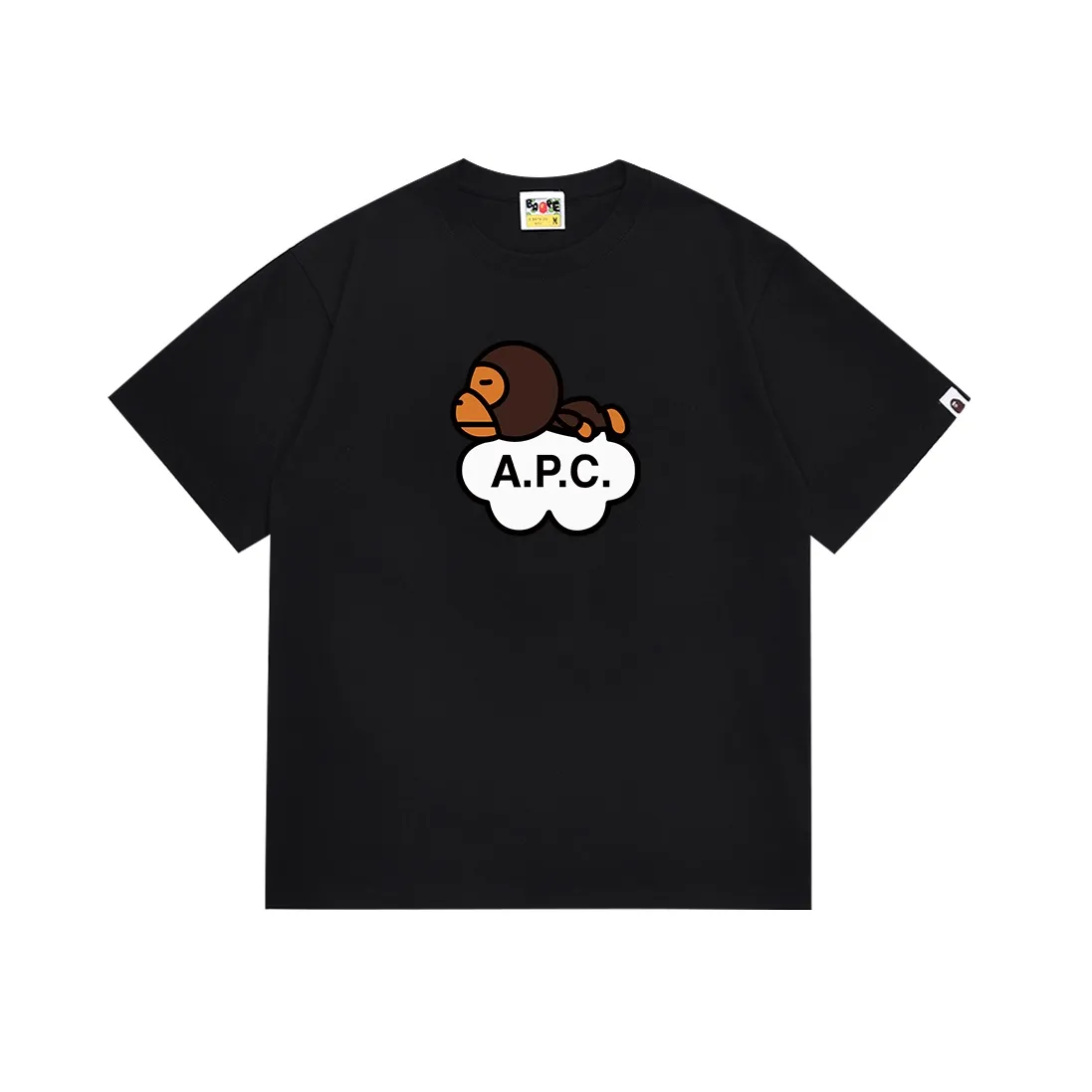 SC079#p110💰 (Top version) BAPE ✖️A•P•C co-branded cartoon BABY MILO letter printed short-sleeved T-shirt. Made of 260 grams of high-quality high-weave pure cotton fabric. Double yarn combed. The texture is soft and non-pilling. Imported environmentally friendly printing glue. The pattern is bright and three-dimensional. Quality💥Same style for men and women. The upper body is trendy. Color: black white. Size: S M L XL XXL