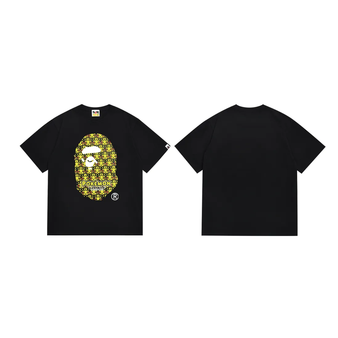 P110 SC020# (top version) BAPE POKEMON Pikachu Pokémon co-branded ape head print Made of 260 grams of high-quality high-weave pure cotton fabric, double yarn combed, soft and non-pilling texture, imported environmentally friendly printing glue, bright and three-dimensional pattern, quality 💥Same style for men and women, the upper body is fashionable Color: black and white Size: S M L XL XXL