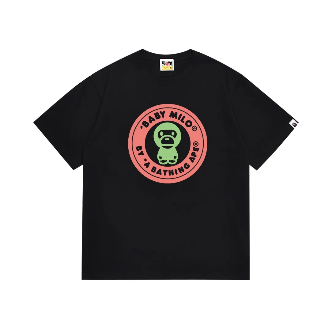 SC080#p110💰 (Top version) BAPE cartoon BABY MILO medallion letter printed short-sleeved T-shirt Made of 260 grams of high-quality high-weave pure cotton fabric, double yarn combed, soft and non-pilling texture, imported environmentally friendly printing glue, bright and three-dimensional pattern, quality 💥Same style for men and women, the upper body is fashionable Color: black and red, white and red, black and blue, white and blue Size: S M L XL XXL