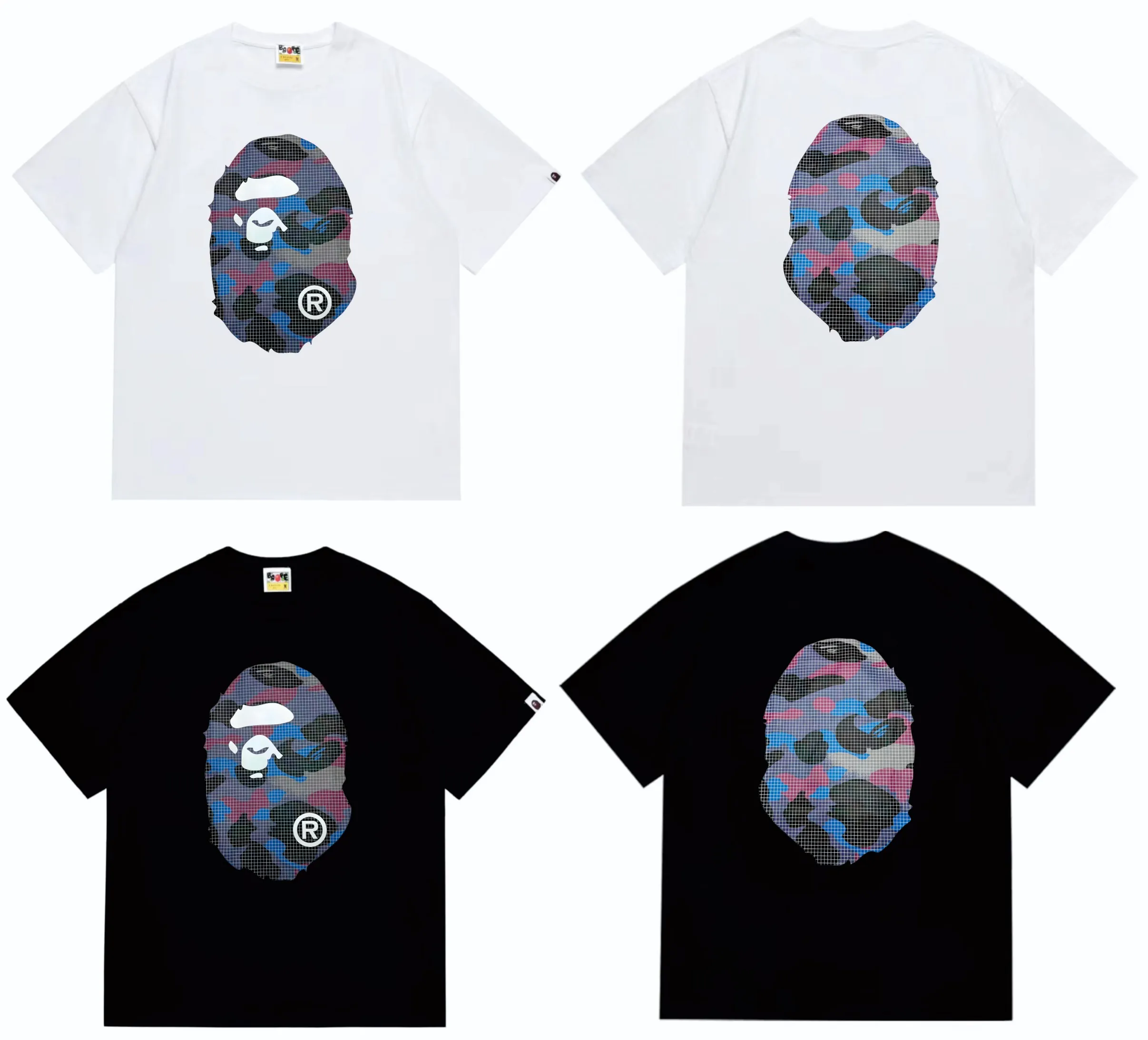 SC245#p110💰 (Top version) BAPE mesh camouflage ape head double-sided printed short-sleeved T-shirt Made of 260 grams of high-quality high-weave pure cotton fabric, double yarn combed, soft texture and no pilling Imported environmentally friendly printing glue, bright and three-dimensional pattern, quality 💥Same style for men and women, the upper body is fashionable Color: black white Size: S M L XL XXL