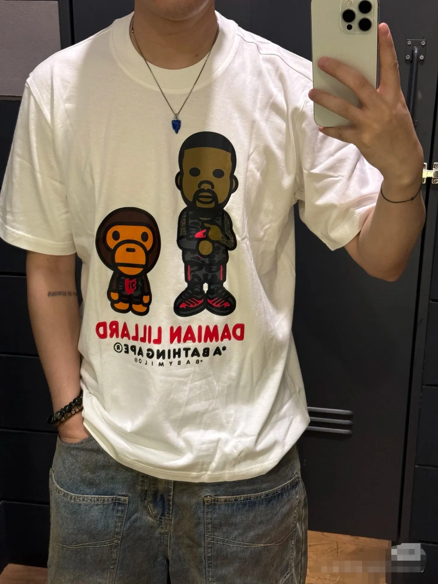 P110 001102 BAPE joint model Dame 9 FW24 Graphic brand logo Lillard cartoon animation short-sleeved T-shirt, same style for men and women, size smlxlxxl, white