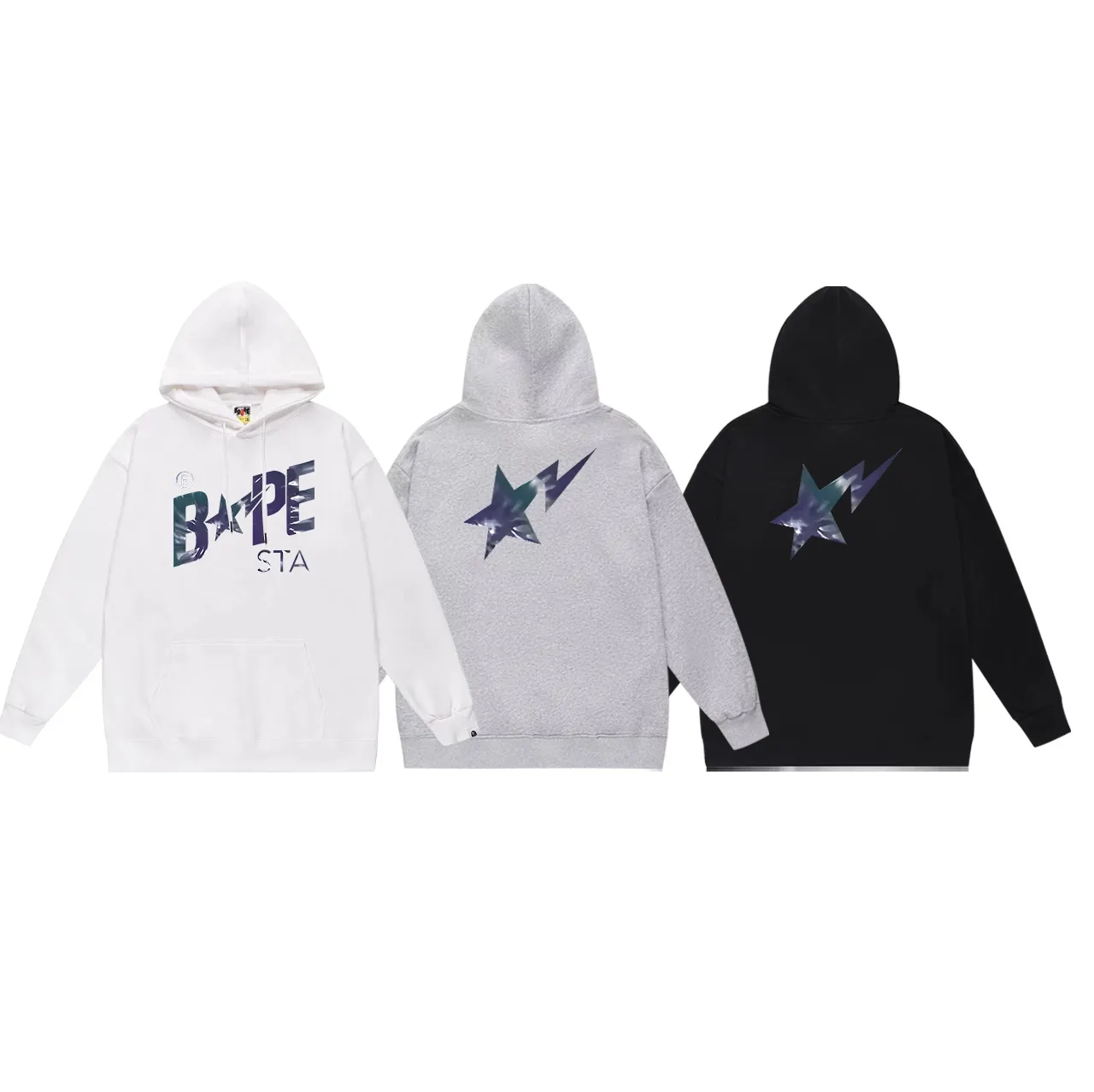 Model No. SC715# Terry p160 plus velvet 180💰 (top version) BAPE autumn and winter tie-dyed letter star printed hooded sweatshirt. Made of 380 grams of large terry (drop shoulder large version) fabric. The texture is soft and non-pilling. Imported environmentally friendly printing glue. The pattern is bright and three-dimensional. Quality💥Same style for men and women. The upper body is trendy. Color: black white gray Size: S M L XL XXL