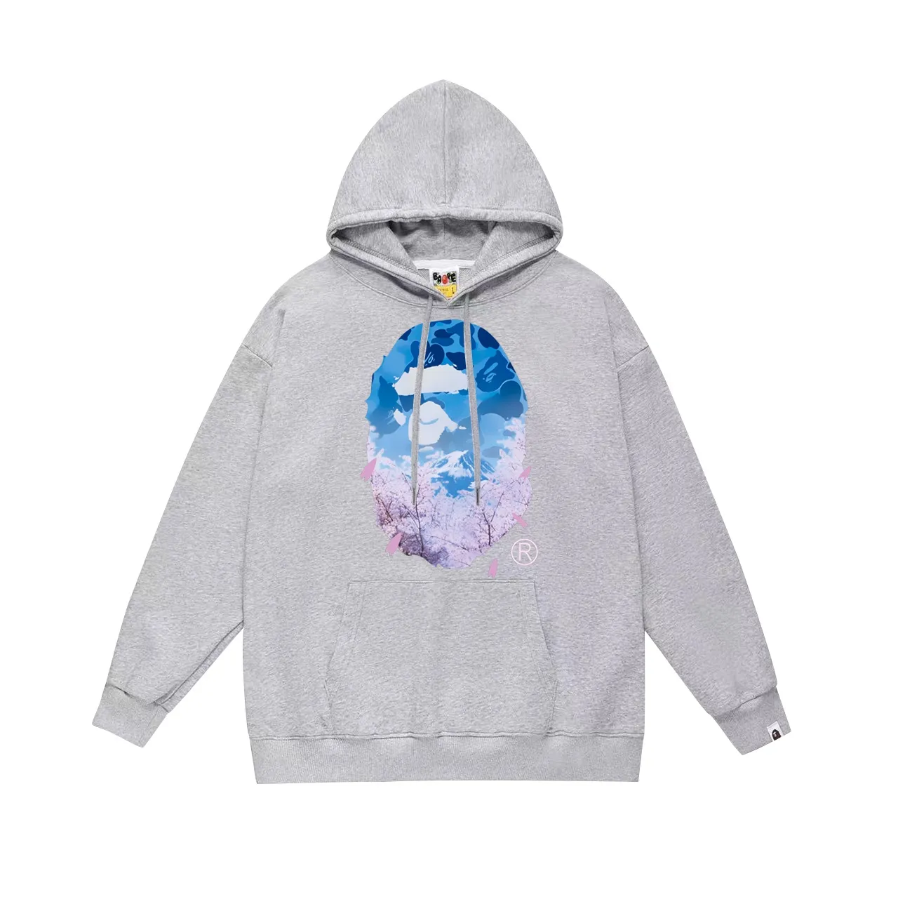 Model No. SC699# Terry p160 plus velvet p180💰 (top version) BAPE camouflage ape head cherry blossom tree Mount Fuji printed hooded sweatshirt. Made of 380g large terry 430g silver fox velvet (off-shoulder large version) fabric. The texture is soft and non-pilling. Imported environmentally friendly printing glue. The pattern is bright and three-dimensional. Quality💥Same style for men and women. The upper body is trendy. Color: black white gray Size: S M L XL XXL