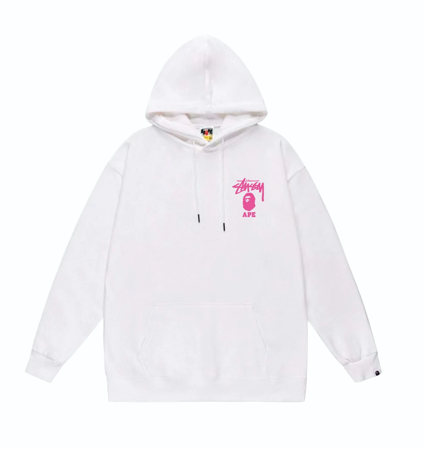 P160 model number SC802# terry 80 plus velvet 90 (top version) BAPE×STUSSY co-branded Stussy letter printed hooded sweatshirt Made of 380g large terry (drop shoulder large version) fabric, soft and non-pilling texture, imported environmentally friendly printing glue, bright and three-dimensional pattern, quality 💥Same style for men and women. The upper body is trendy. Color: black pink, white powder, gray powder, black and white, white and black, gray and black. Size: S M L XL XXL