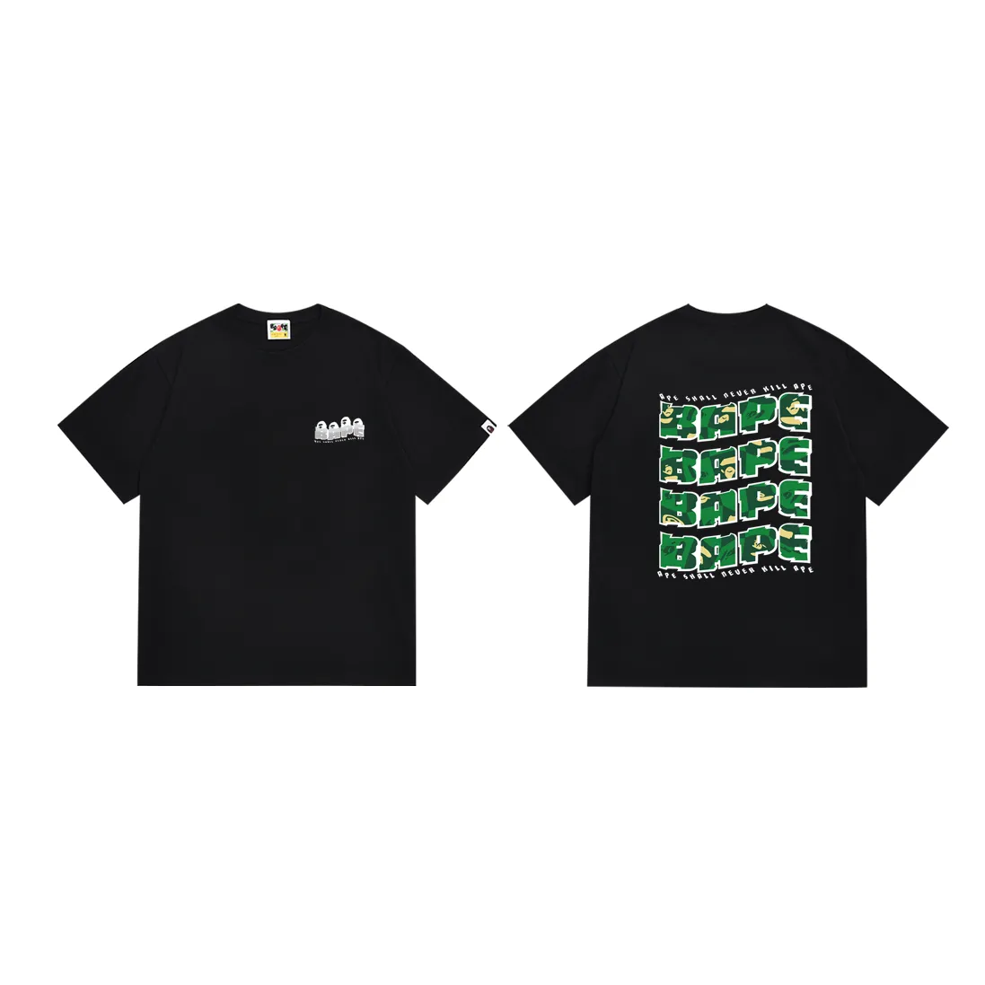 P110 SC019# (top version) BAPE ape head letter printed short-sleeved T-shirt Japanese trendy brand for men. Made of 260 grams of high-quality high-weave pure cotton fabric. Double yarn combed. The texture is soft and non-pilling. Imported environmentally friendly printing glue. The pattern is bright and three-dimensional. The quality is the same for men and women. The upper body is trendy. Color: black and white. Size: S. M L XL XXL