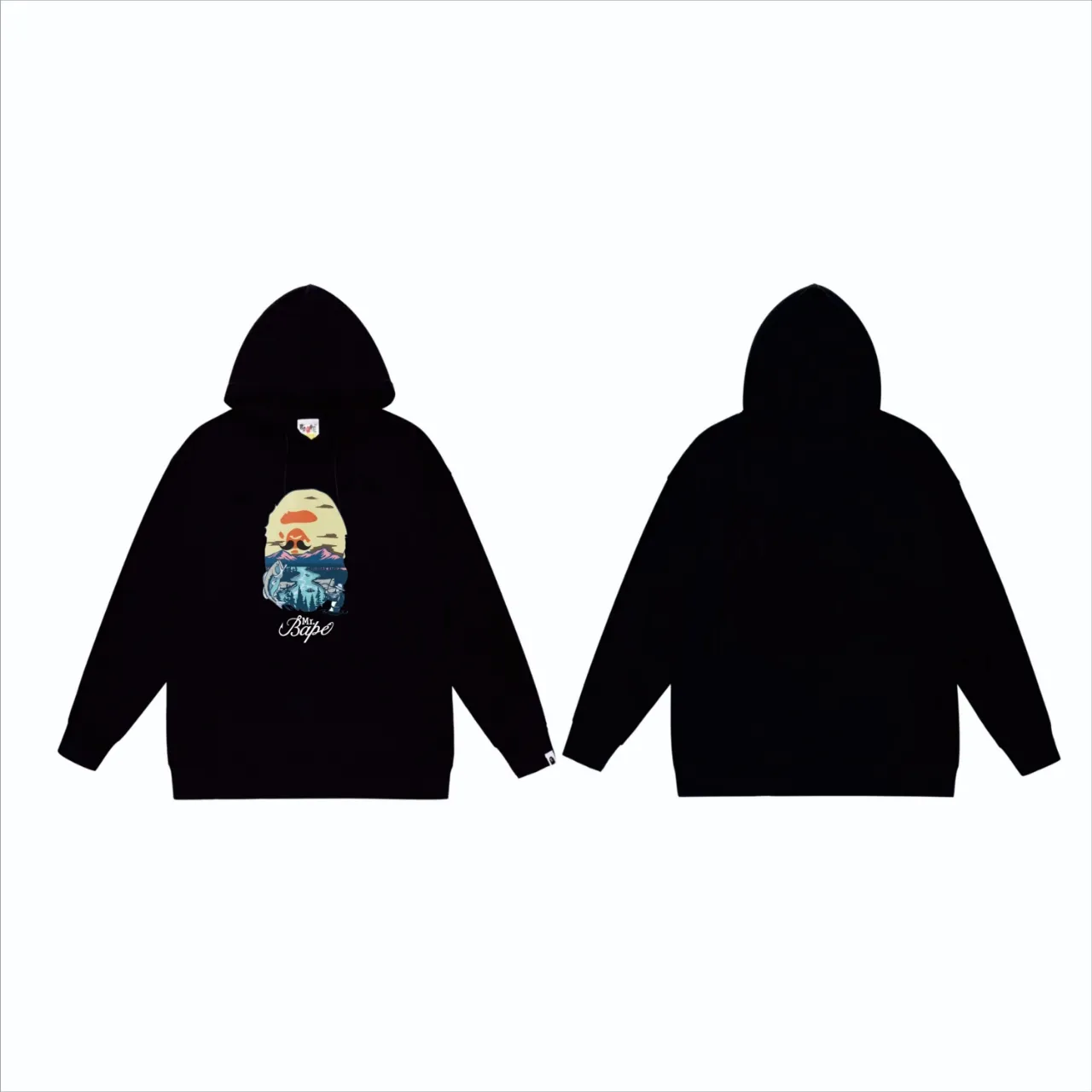 P160 model number SC826# terry 80 plus velvet 90 (top version) BAPE letter animal landscape print pattern hooded sweatshirt. Made of 380g large terry (drop shoulder large version) fabric. The texture is soft and non-pilling. Imported environmentally friendly printing glue. The pattern is bright and three-dimensional. Quality 💥Same style for men and women. The upper body is trendy. Color: Black White Gray Size: S M L XL XXL