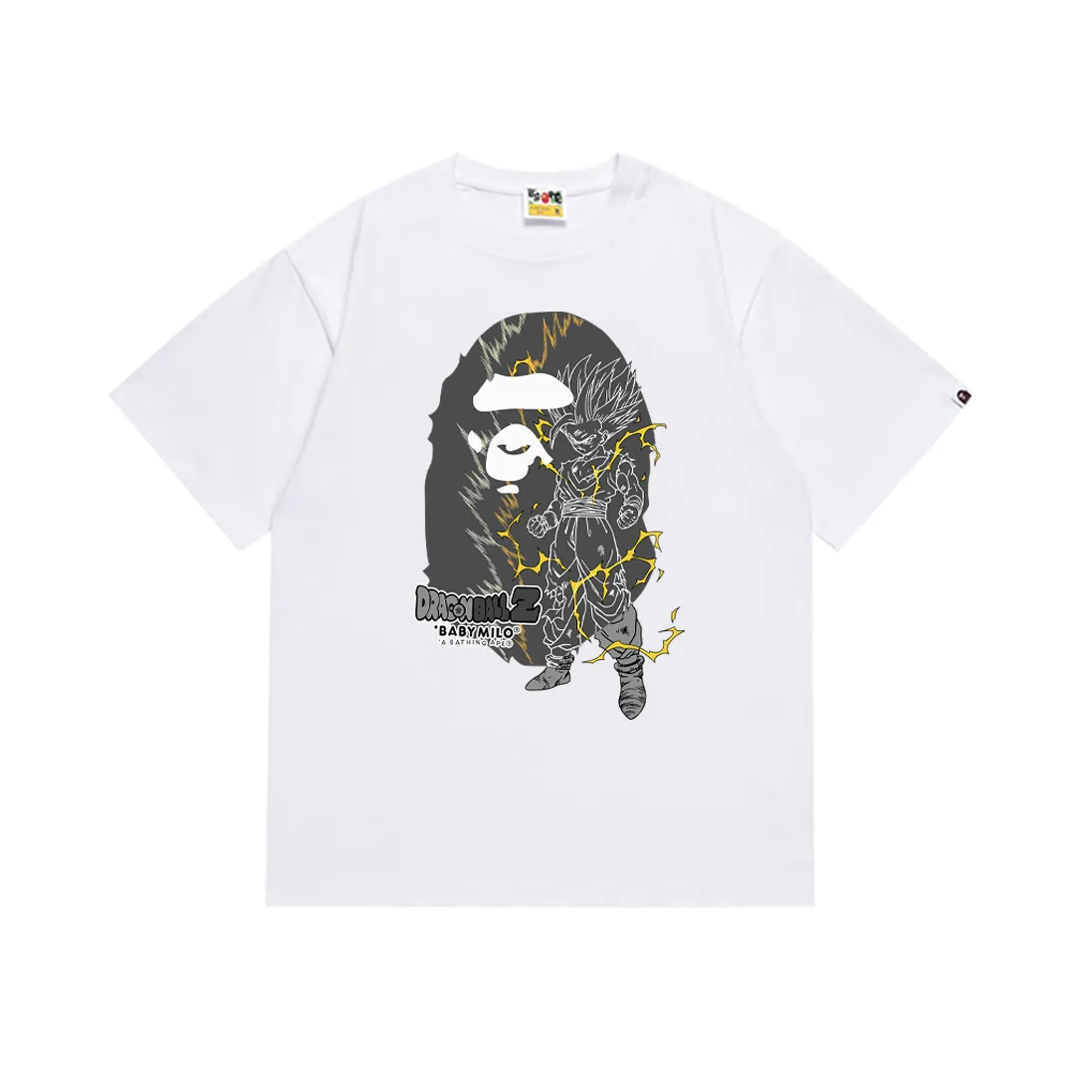 P110 SC026# (top version) BAPE✖️Dragon Ball Son Gohan ape head lightning joint printed short-sleeved T-shirt Made of 260 grams of high-quality high-weave pure cotton fabric, double yarn combed, soft texture and no pilling Imported environmentally friendly printing glue The pattern is bright and three-dimensional Quality 💥Same style for men and women The upper body is trendy Color: Black White Size: S M L XL XXL