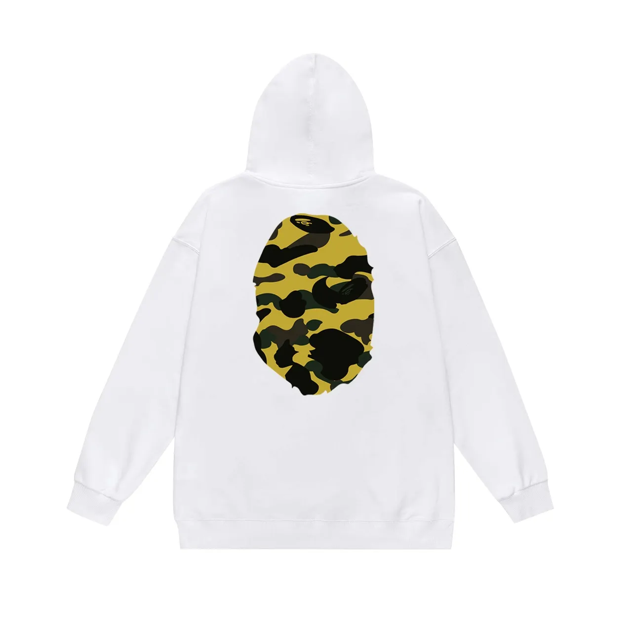 Model number SC660#terry p160 plus velvet p180💰 (top version) BAPE double-sided camouflage ape head print hooded sweatshirt. Made of 380g large terry 430g silver fox velvet (drop shoulder large version) fabric. The texture is soft and non-pilling. Imported environmentally friendly printing glue. The pattern is bright and three-dimensional. Quality💥Same style for men and women. The upper body is trendy. Color: black and yellow, white and yellow, gray and yellow. Size: S M L XL XXL