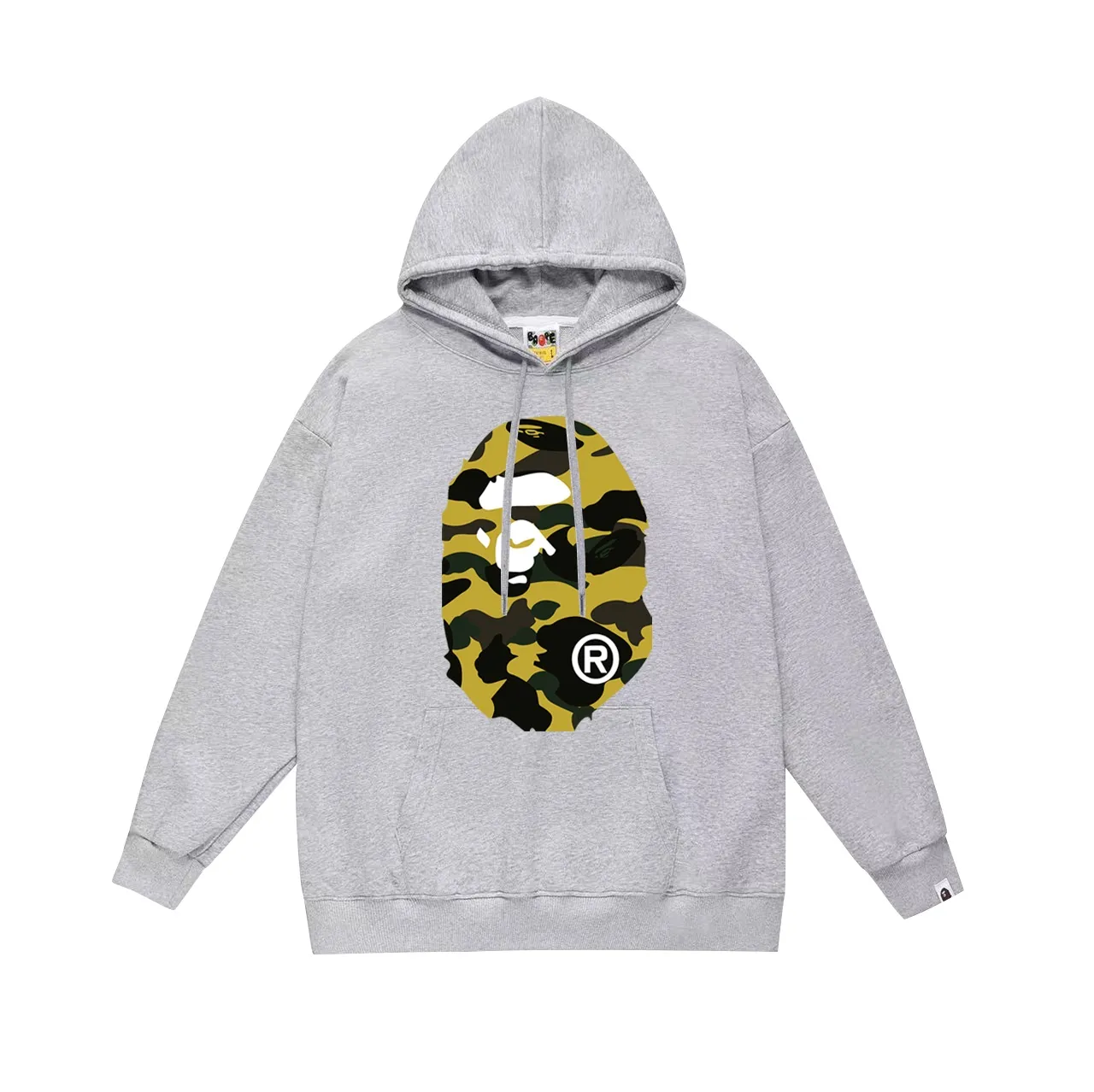 Model number SC660#terry p160 plus velvet p180💰 (top version) BAPE double-sided camouflage ape head print hooded sweatshirt. Made of 380g large terry 430g silver fox velvet (drop shoulder large version) fabric. The texture is soft and non-pilling. Imported environmentally friendly printing glue. The pattern is bright and three-dimensional. Quality💥Same style for men and women. The upper body is trendy. Color: black and yellow, white and yellow, gray and yellow. Size: S M L XL XXL