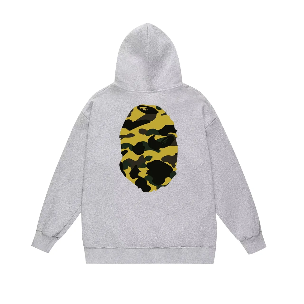 Model number SC660#terry p160 plus velvet p180💰 (top version) BAPE double-sided camouflage ape head print hooded sweatshirt. Made of 380g large terry 430g silver fox velvet (drop shoulder large version) fabric. The texture is soft and non-pilling. Imported environmentally friendly printing glue. The pattern is bright and three-dimensional. Quality💥Same style for men and women. The upper body is trendy. Color: black and yellow, white and yellow, gray and yellow. Size: S M L XL XXL